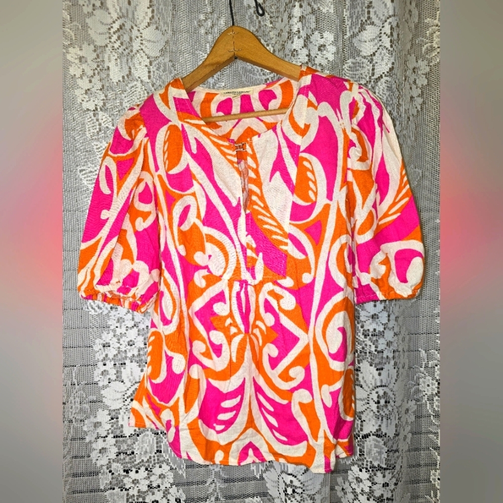 Christian Siriano Pink And Orange Cropped Linen Blouse, Womens XS Top
